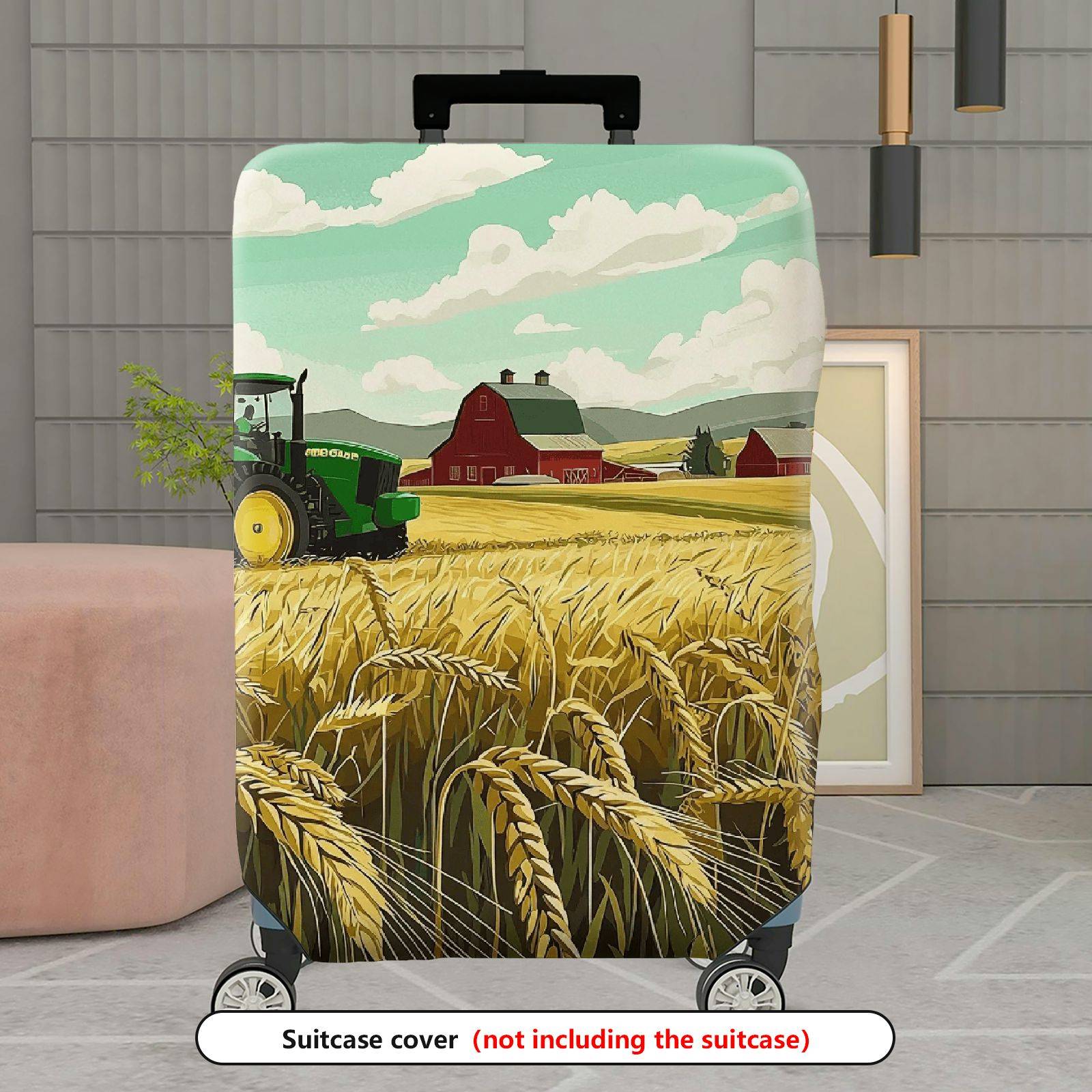 1-Piece Farm Tractor Wheat Field Barn Landscape  Suitcase Luggage Cover, Stretch Protective Sleeve