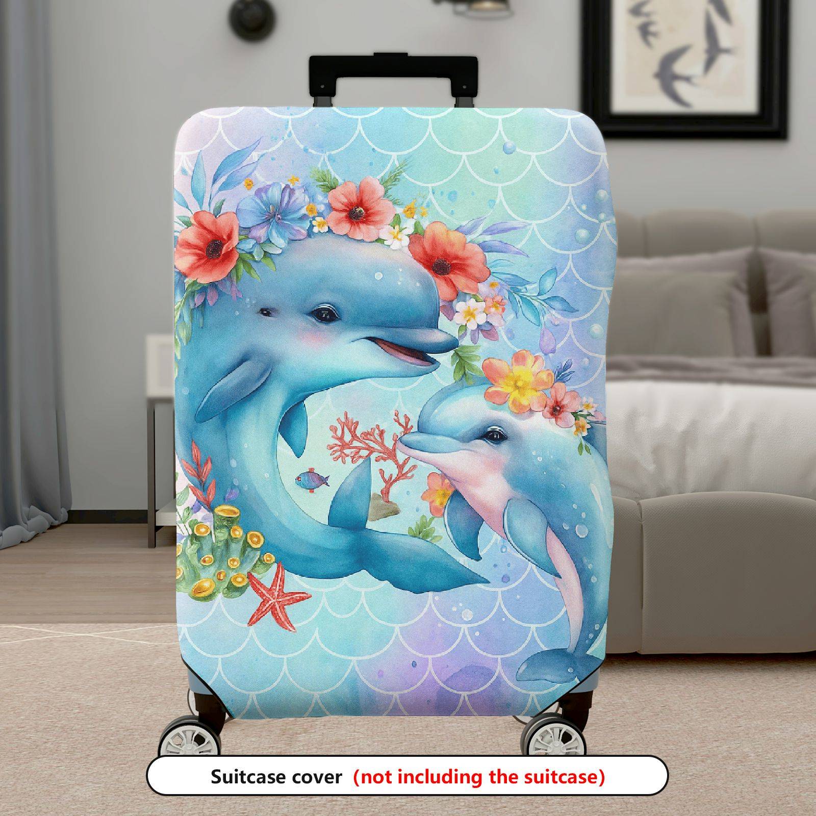 1-Piece Dolphin Floral Watercolor Ocean Mermaid Pattern  Suitcase Luggage Cover, Stretch Protective Sleeve