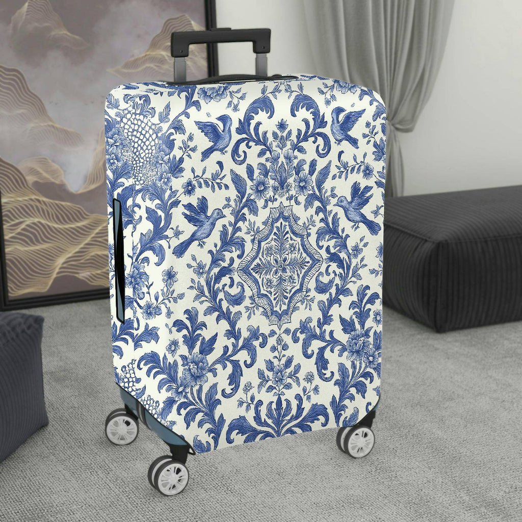 1-Piece Blue Vintage Floral Bird Pattern Damask  Suitcase Luggage Cover, Stretch Protective Sleeve