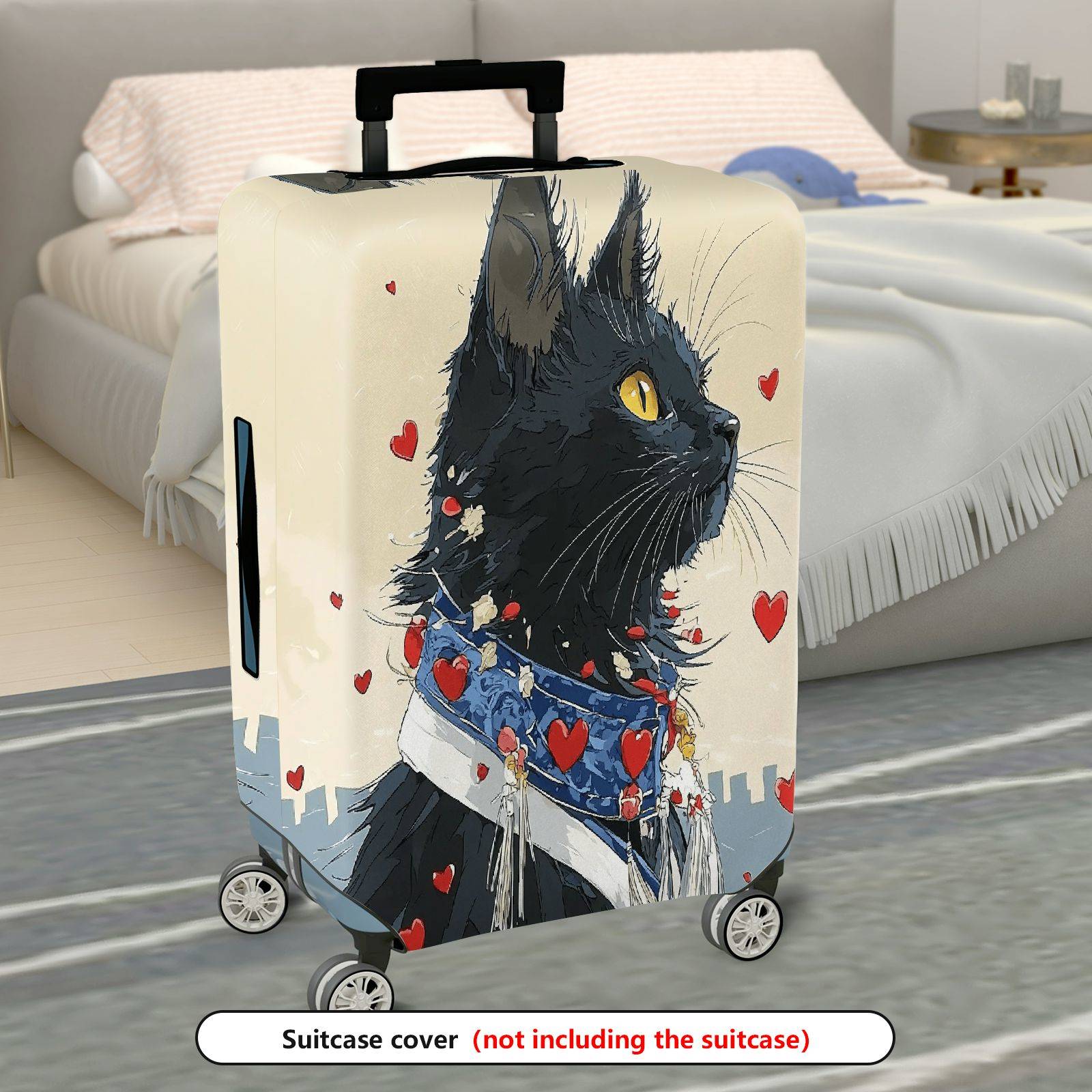 1-Piece Black Cat Heart Love Red Artistic  Suitcase Luggage Cover, Stretch Protective Sleeve
