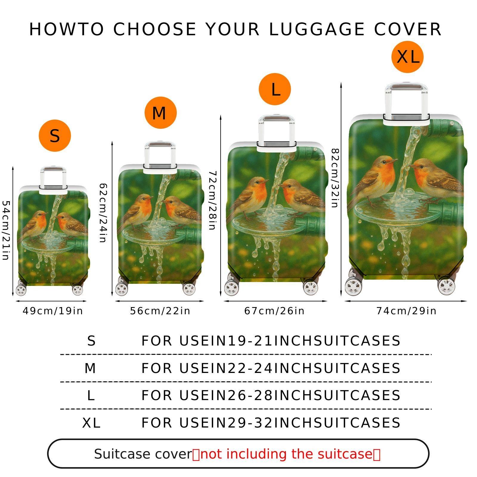 1-Piece Birds Nature Watercolor Pipe Green Artistic  Suitcase Luggage Cover, Stretch Protective Sleeve
