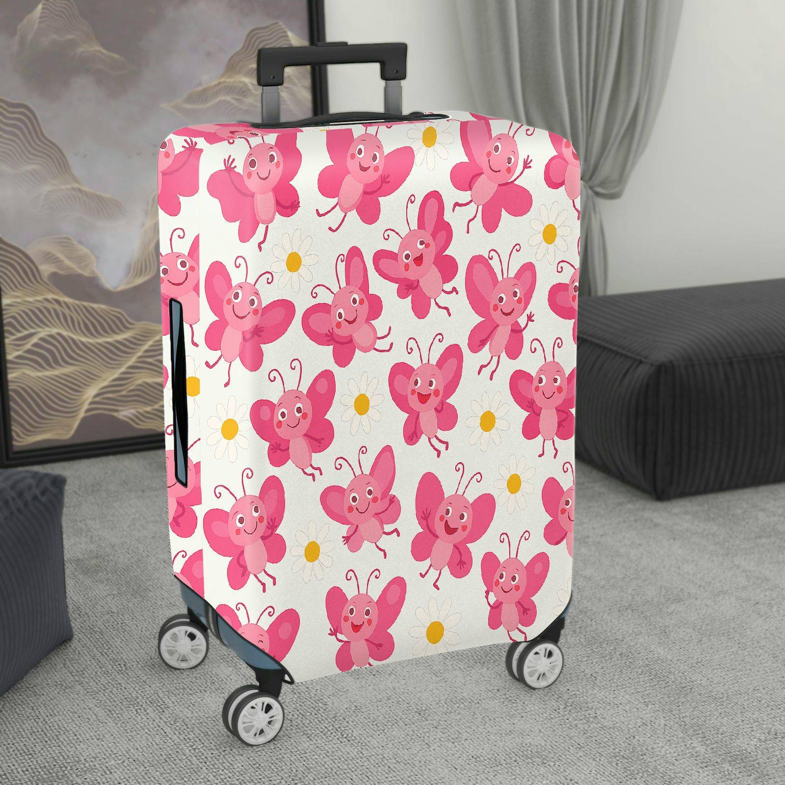 1-Piece Pink Butterfly Flower Travel Luggage  Suitcase Luggage Cover, Stretch Protective Sleeve
