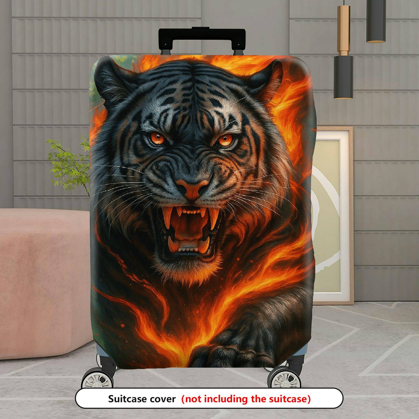 1-Piece Fierce Tiger Flaming Forest Artistic Wildlife  Suitcase Luggage Cover, Stretch Protective Sleeve