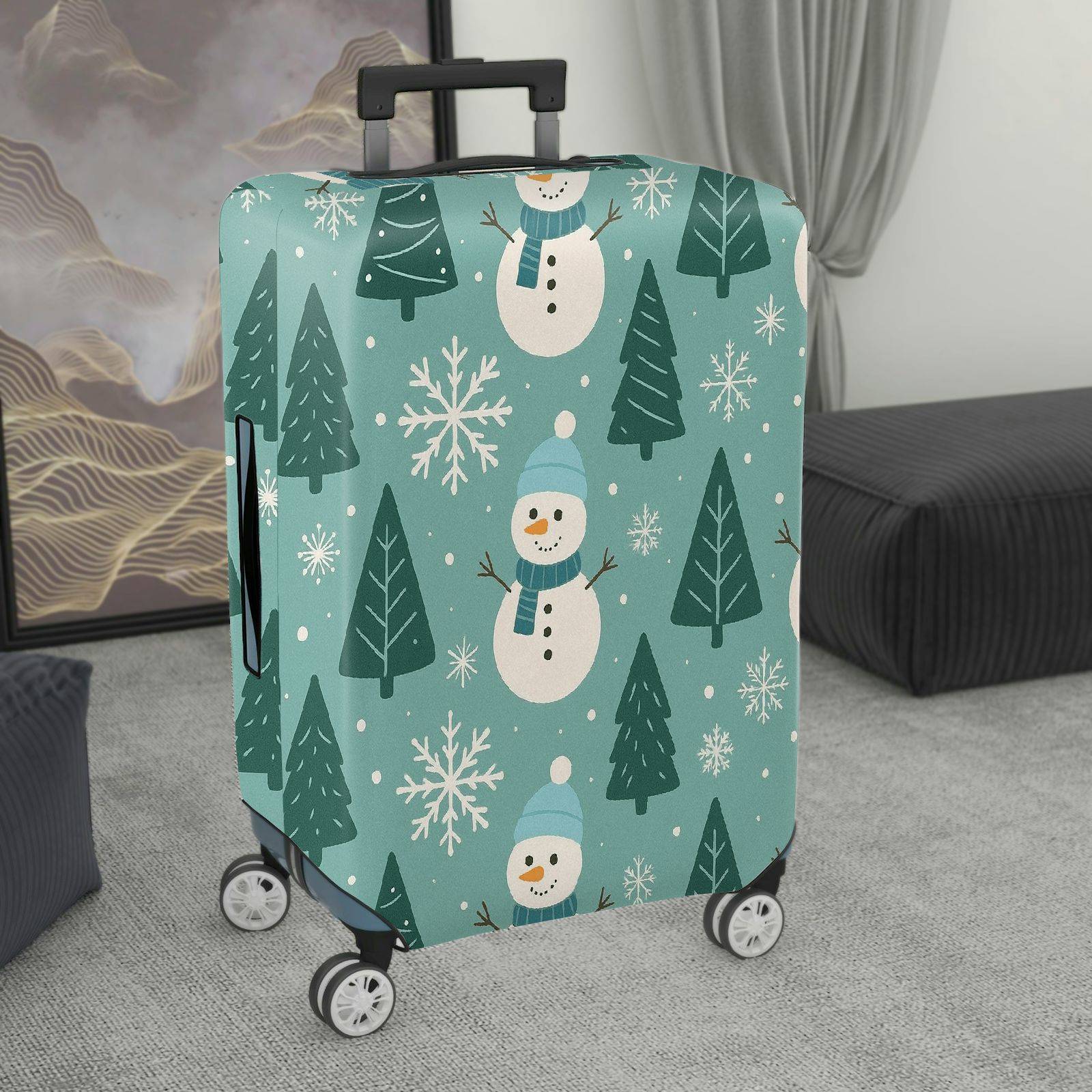 1-Piece Christmas Snowman Pine Tree Winter Holiday  Suitcase Luggage Cover, Stretch Protective Sleeve