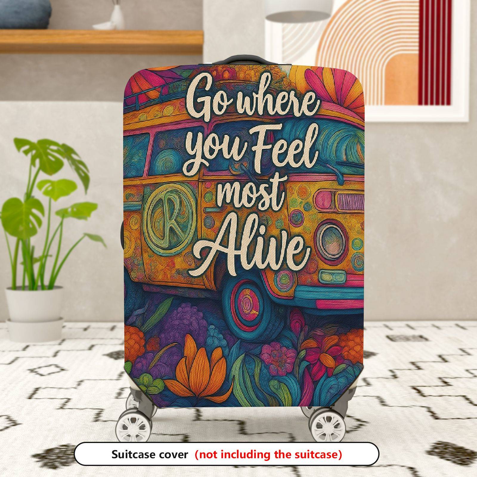 1-Piece Adventure Quote Floral Retro Van Colorful Artistic  Suitcase Luggage Cover, Stretch Protective Sleeve