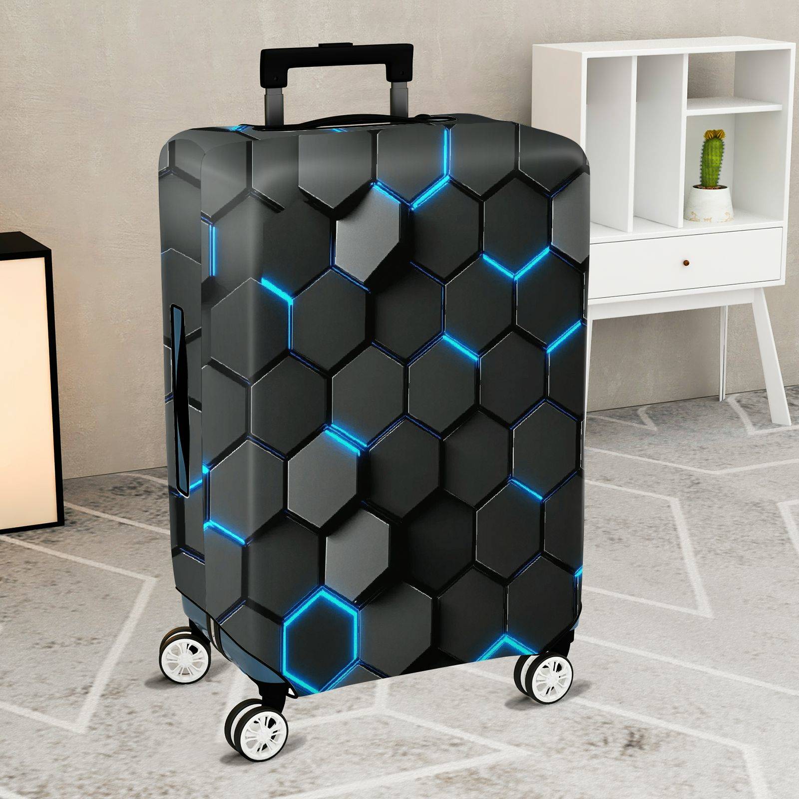1-Piece Hexagon Blue  Geometric Futuristic Tech  Suitcase Luggage Cover, Stretch Protective Sleeve