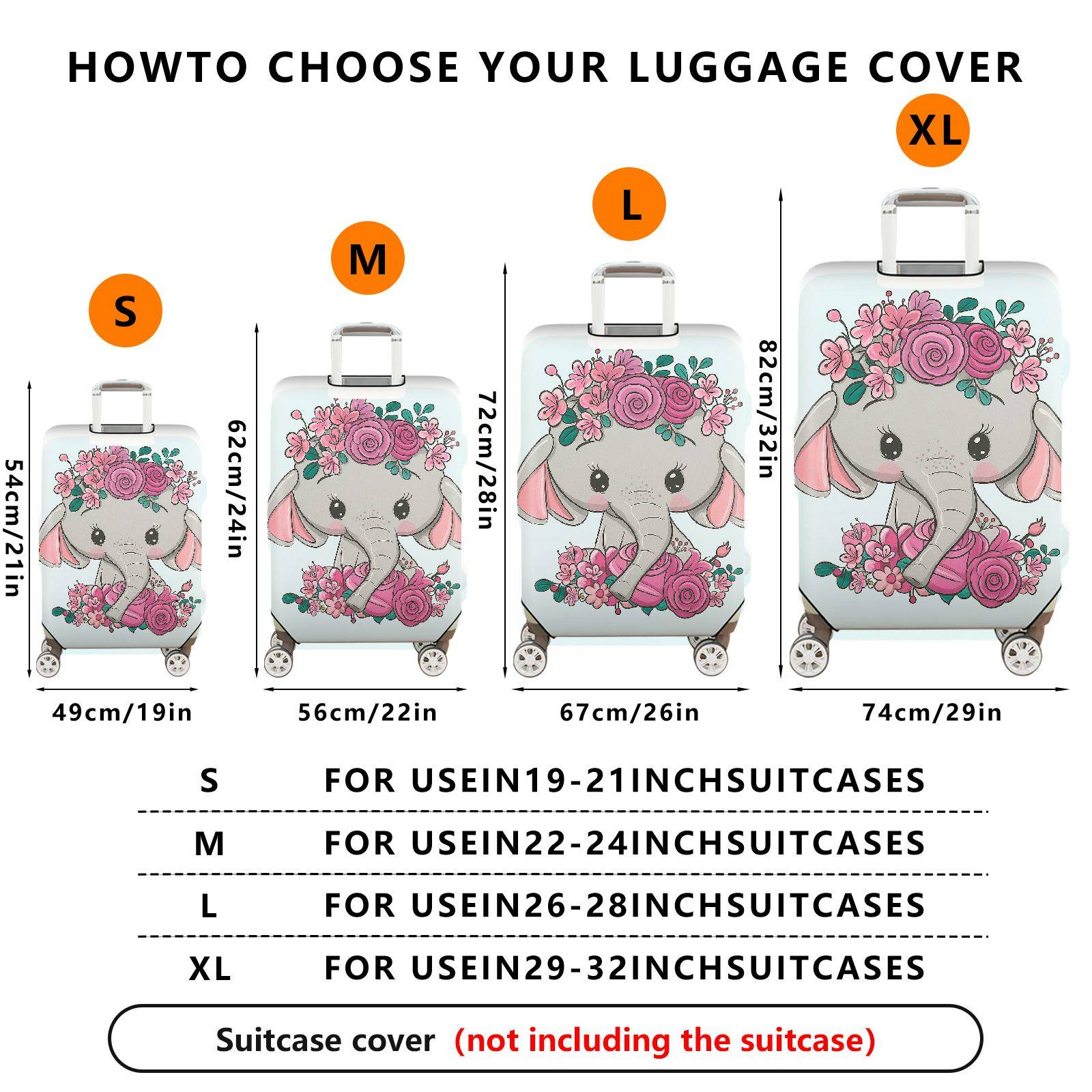 1-Piece Cute Elephant Floral  Pattern  Suitcase Luggage Cover, Stretch Protective Sleeve