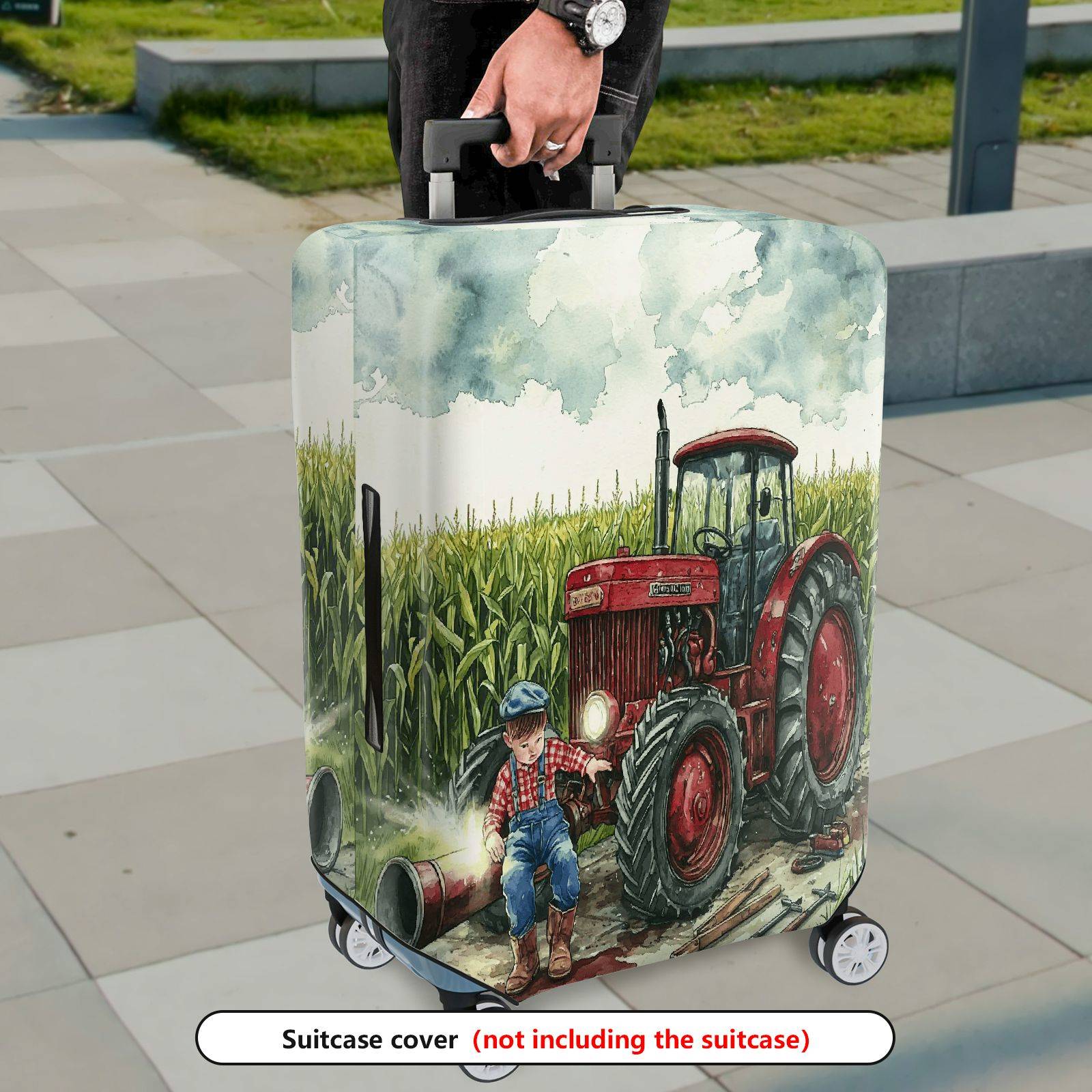 1-Piece Rustic Farm Tractor Countryside Landscape Harvest  Suitcase Luggage Cover, Stretch Protective Sleeve