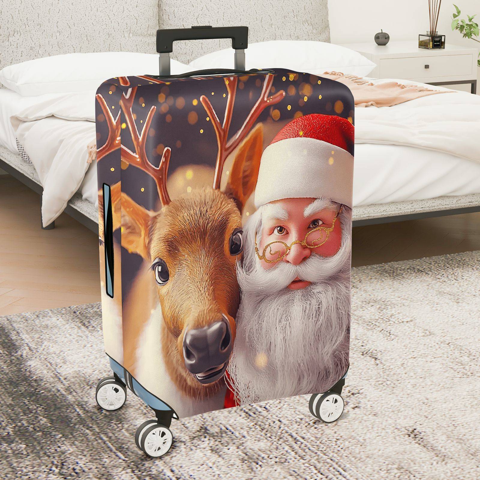 1-Piece Reindeer Santa Claus Christmas Holiday Festive  Suitcase Luggage Cover, Stretch Protective Sleeve