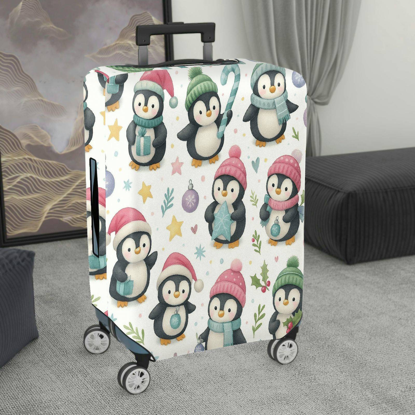 1-Piece Cute Festive Penguin Winter Holiday Christmas  Suitcase Luggage Cover, Stretch Protective Sleeve