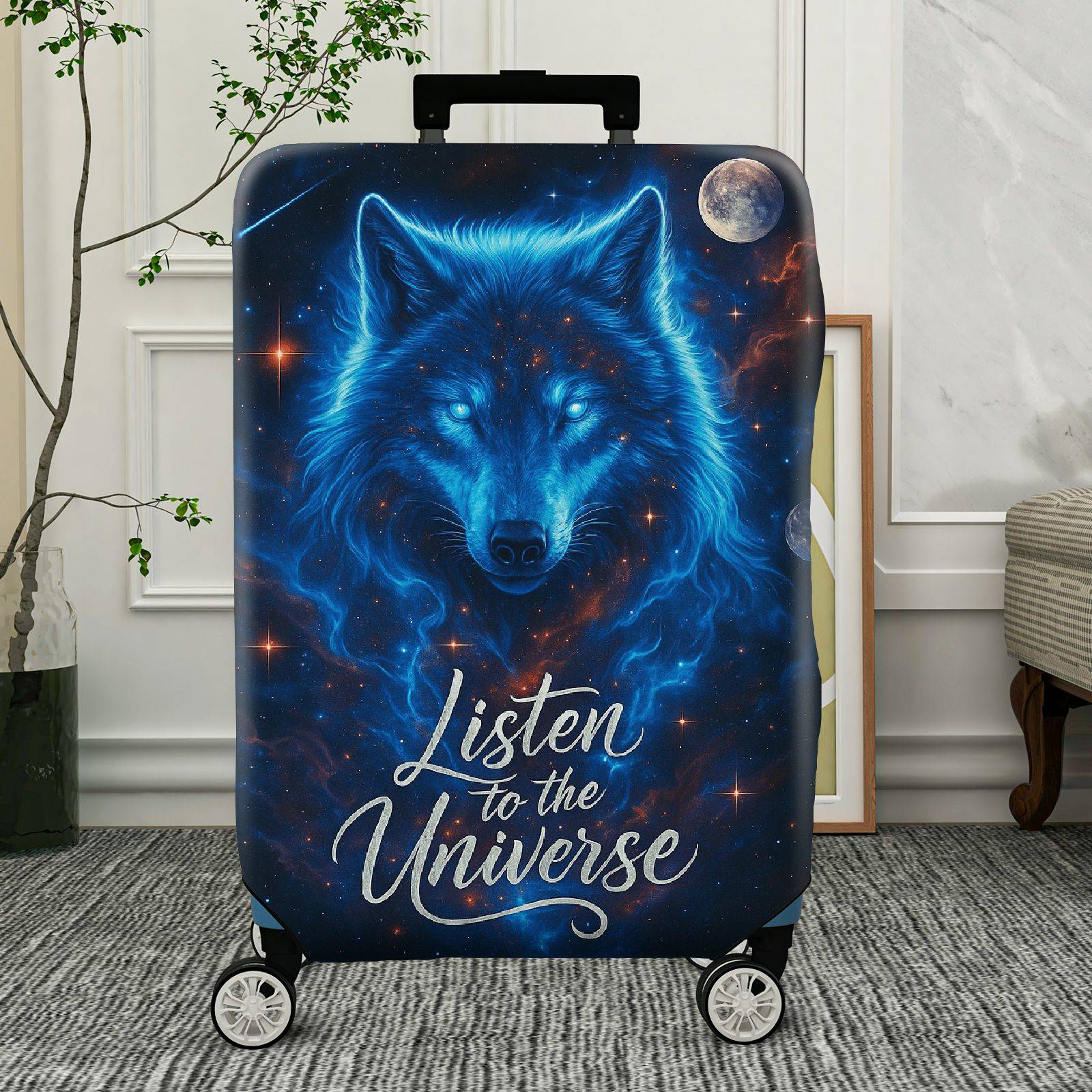 1-Piece Cosmic Wolf Galaxy Stars Moon Text  Suitcase Luggage Cover, Stretch Protective Sleeve