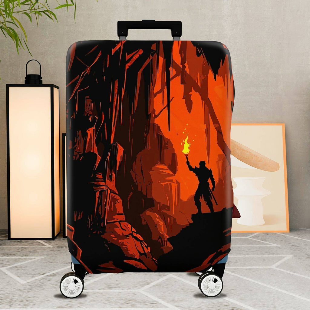 1-Piece Adventure Explorer Silhouette Fire Red Cave  Suitcase Luggage Cover, Stretch Protective Sleeve