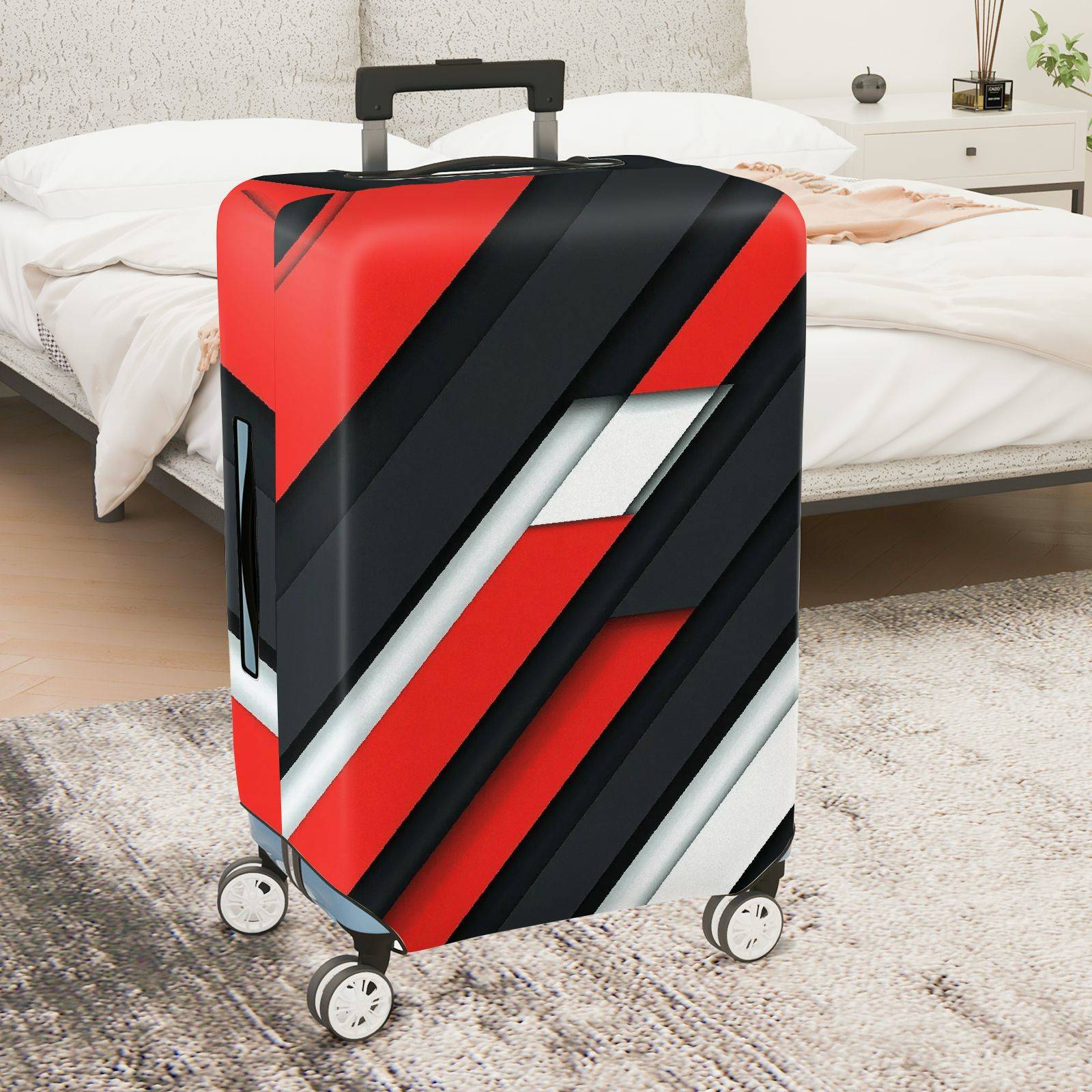1-Piece Abstract Geometric Red Black White Bold Stylish  Suitcase Luggage Cover, Stretch Protective Sleeve