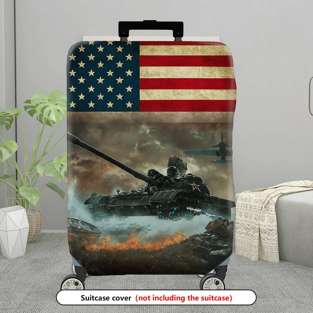 1-Piece American Flag Tank War Airplane Battlefield Fire  Suitcase Luggage Cover, Stretch Protective Sleeve