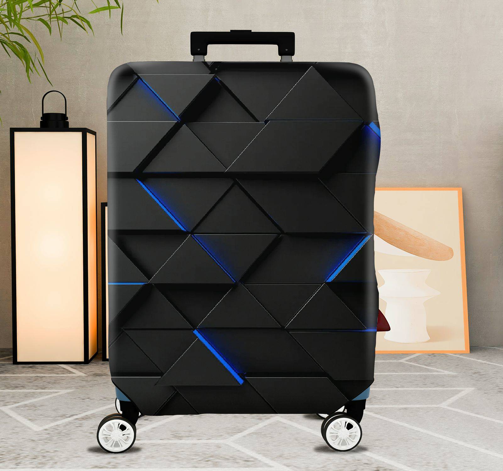 1-Piece Black Geometric Modern Stylish Abstract Artistic  Suitcase Luggage Cover, Stretch Protective Sleeve