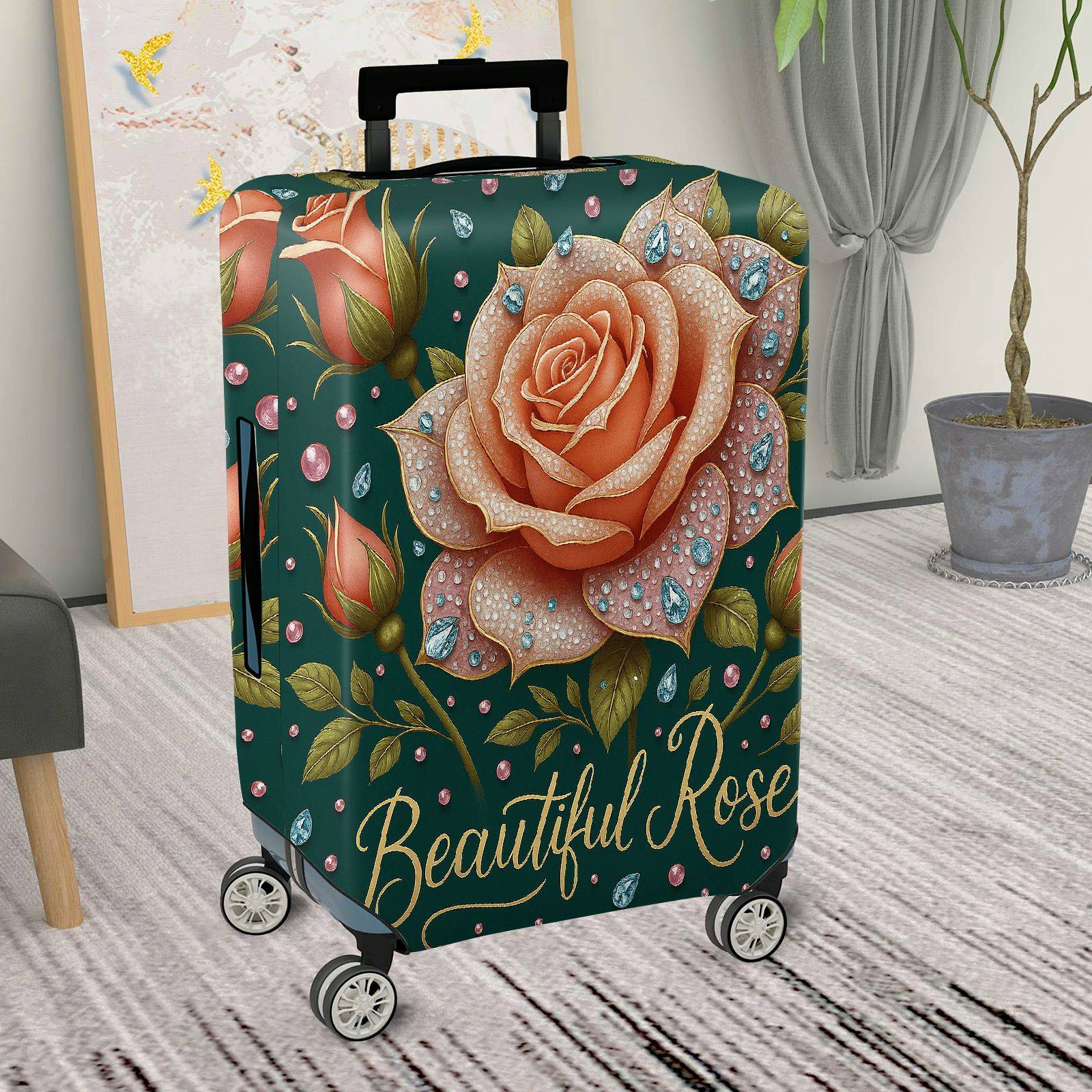 1-Piece Floral Rose Crystal Diamond Elegant Artistic  Suitcase Luggage Cover, Stretch Protective Sleeve