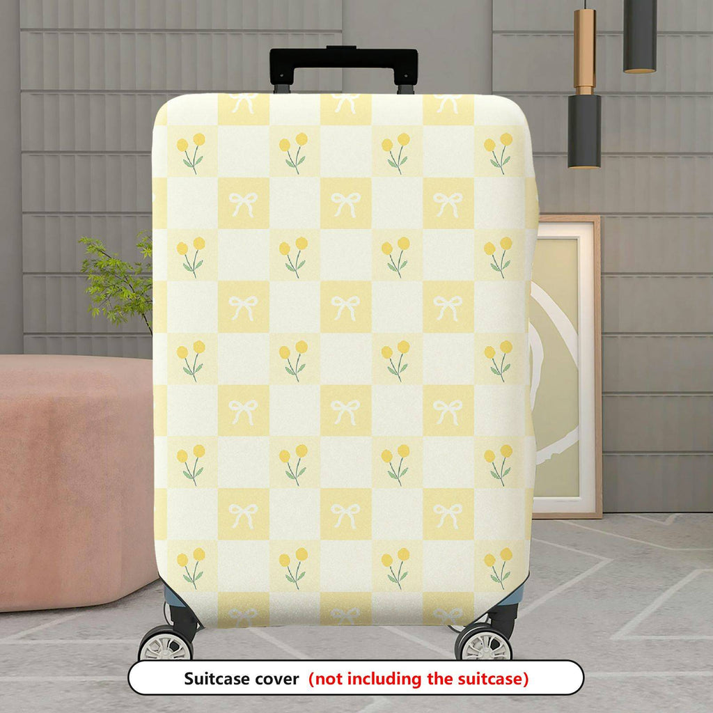 1-Piece Yellow Floral Checkered Bow Spring Pattern  Suitcase Luggage Cover, Stretch Protective Sleeve