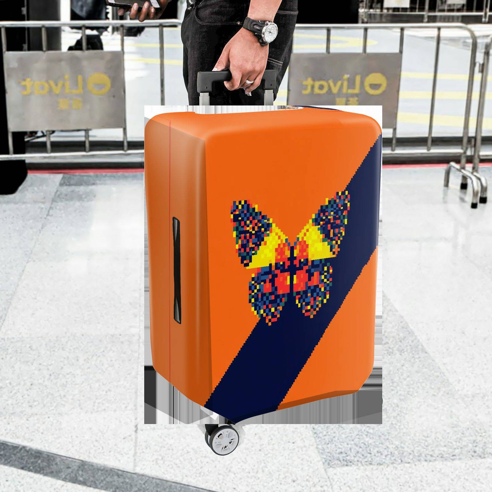 1-Piece Orange Abstract Butterfly Pattern Travel Art Pixel Geometric  Suitcase Luggage Cover, Stretch Protective Sleeve