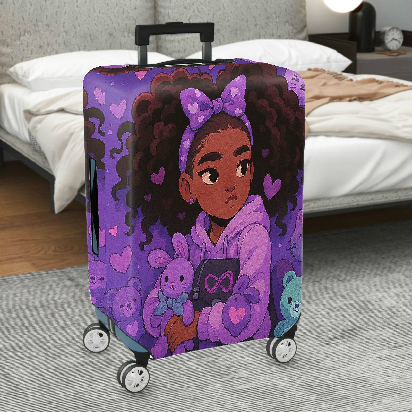 1-Piece Purple  Heart Teddy Bow Girl  Suitcase Luggage Cover, Stretch Protective Sleeve