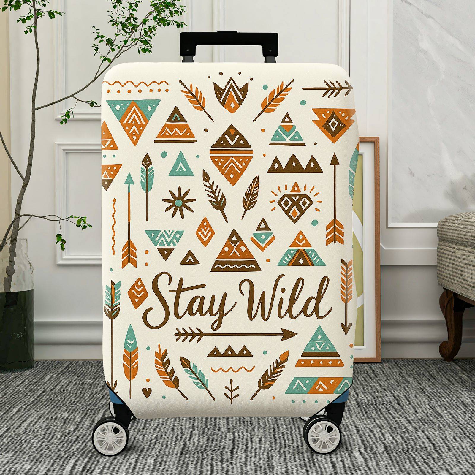 1-Piece Geometric Tribal Feather Arrows Bohemian Adventure  Suitcase Luggage Cover, Stretch Protective Sleeve