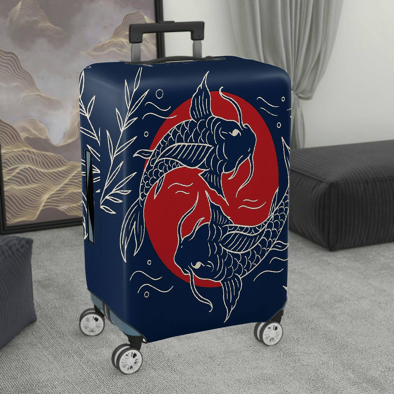 1-Piece Fish Red Blue Japanese Art Minimalistic Leaf  Suitcase Luggage Cover, Stretch Protective Sleeve