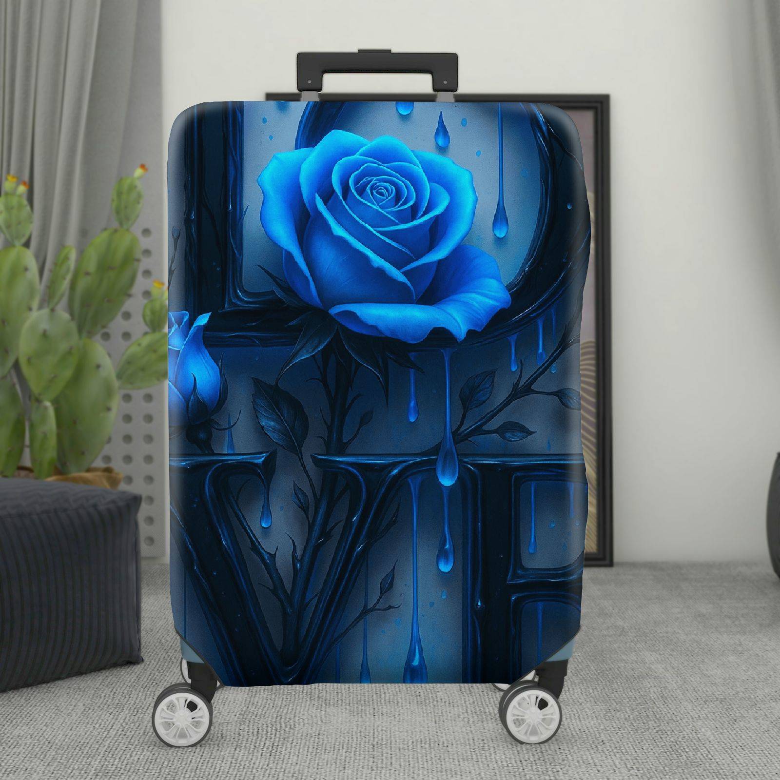 1-Piece Blue Rose Love Floral Art Pattern Letter  Suitcase Luggage Cover, Stretch Protective Sleeve