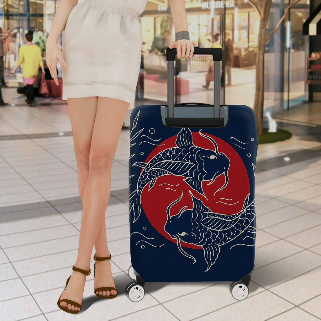 1-Piece Fish Red Blue Japanese Art Minimalistic Leaf  Suitcase Luggage Cover, Stretch Protective Sleeve