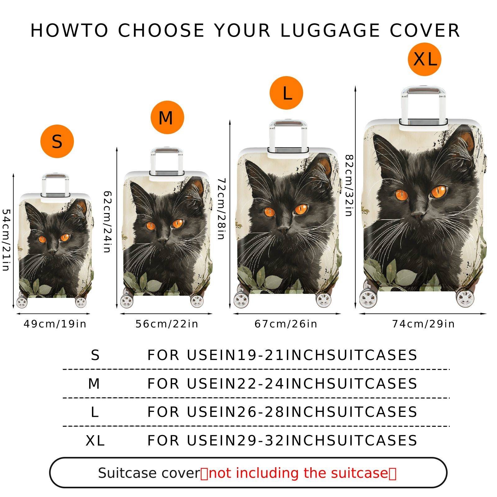 1-Piece Black Cat Artistic Nature Plant Minimalist  Suitcase Luggage Cover, Stretch Protective Sleeve