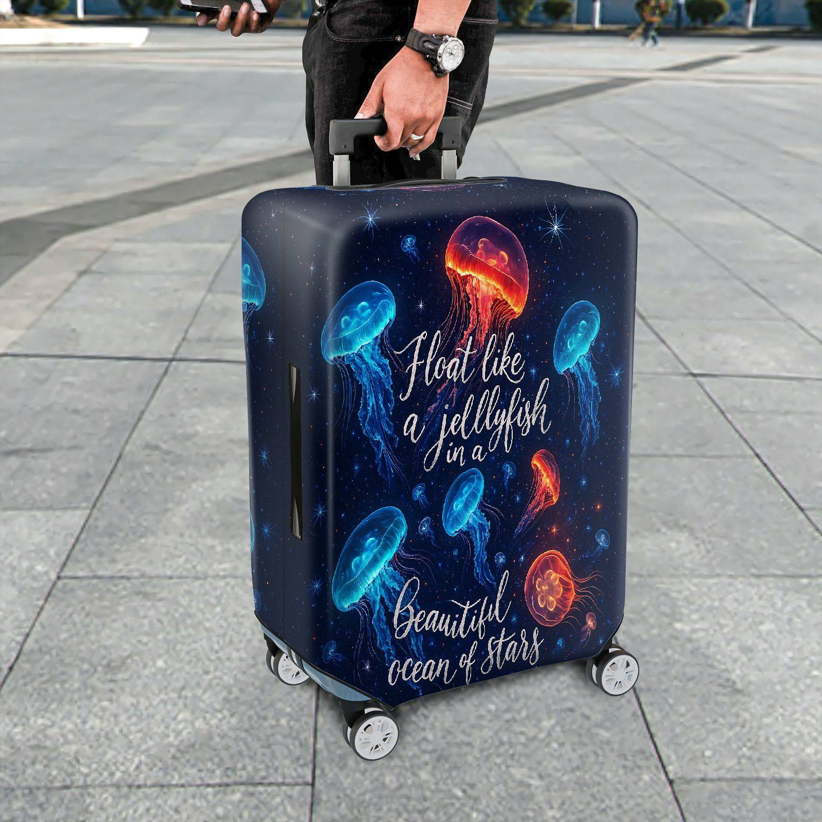 1-Piece Jellyfish Ocean Stars Colorful Cosmic Quote  Suitcase Luggage Cover, Stretch Protective Sleeve