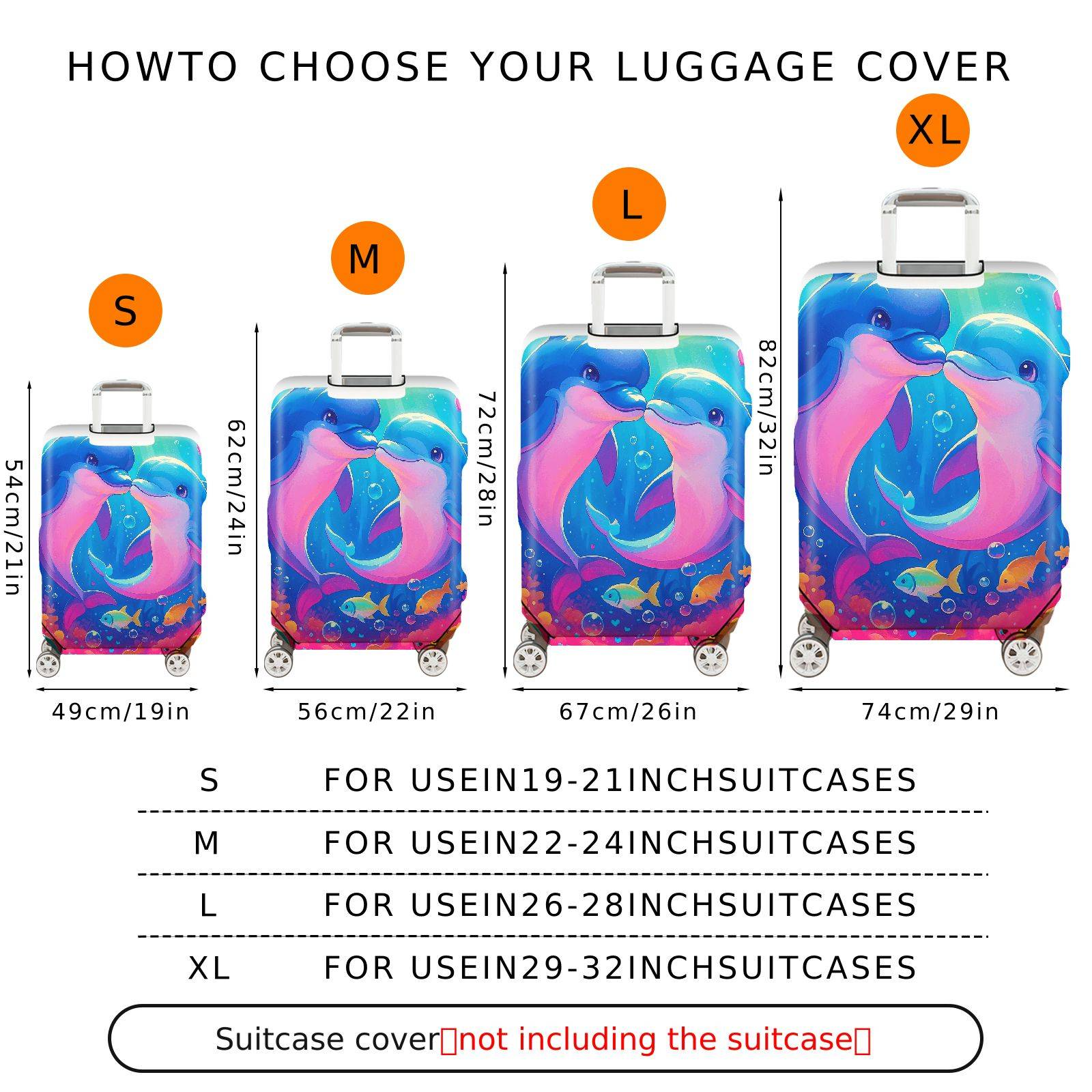 1-Piece Colorful Cute Romantic Ocean Sea Dolphin  Suitcase Luggage Cover, Stretch Protective Sleeve