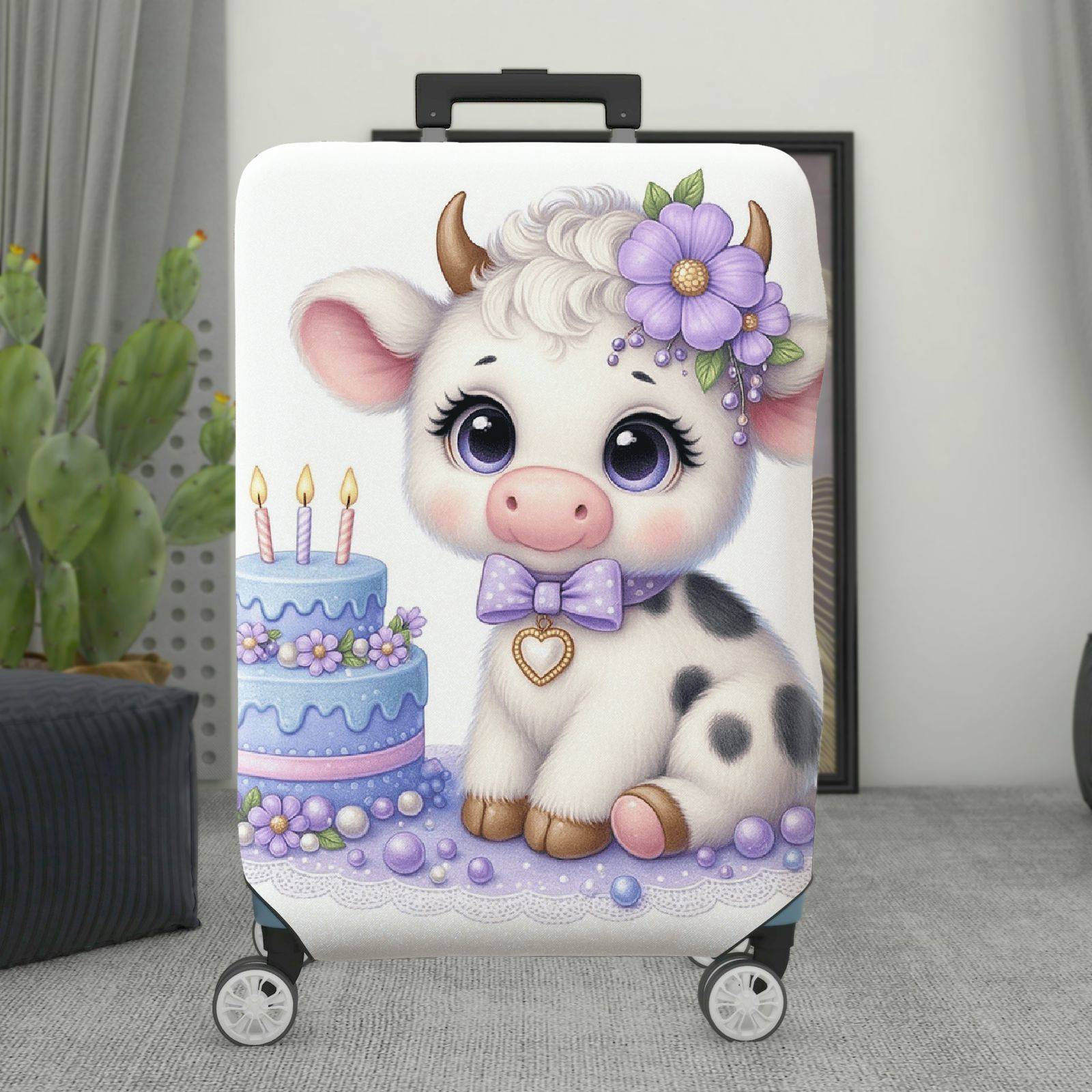 1-Piece Adorable  Cow Birthday Cake Purple Flower Decorative  Suitcase Luggage Cover, Stretch Protective Sleeve