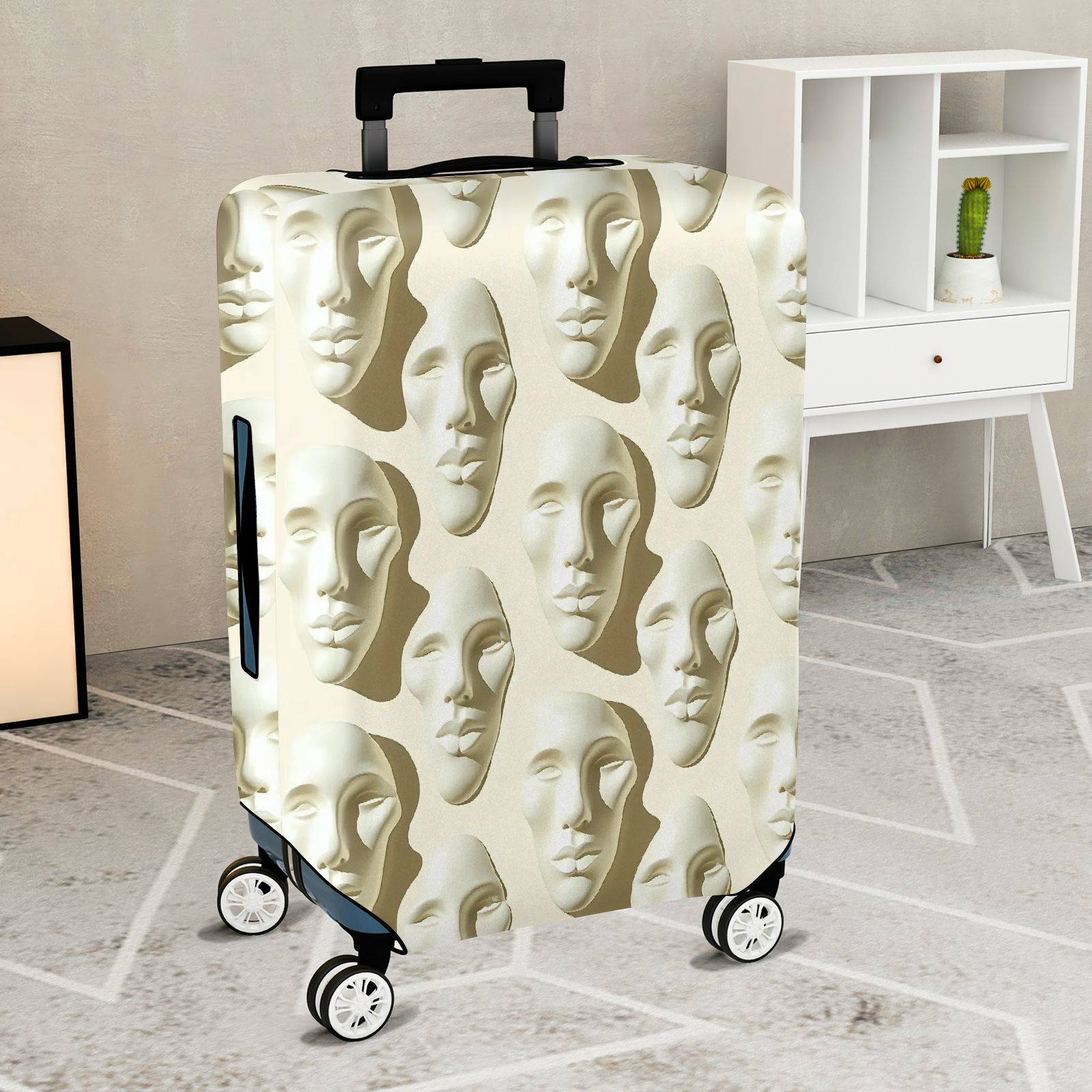 1-Piece Artistic Abstract Face Pattern White Beige  Suitcase Luggage Cover, Stretch Protective Sleeve