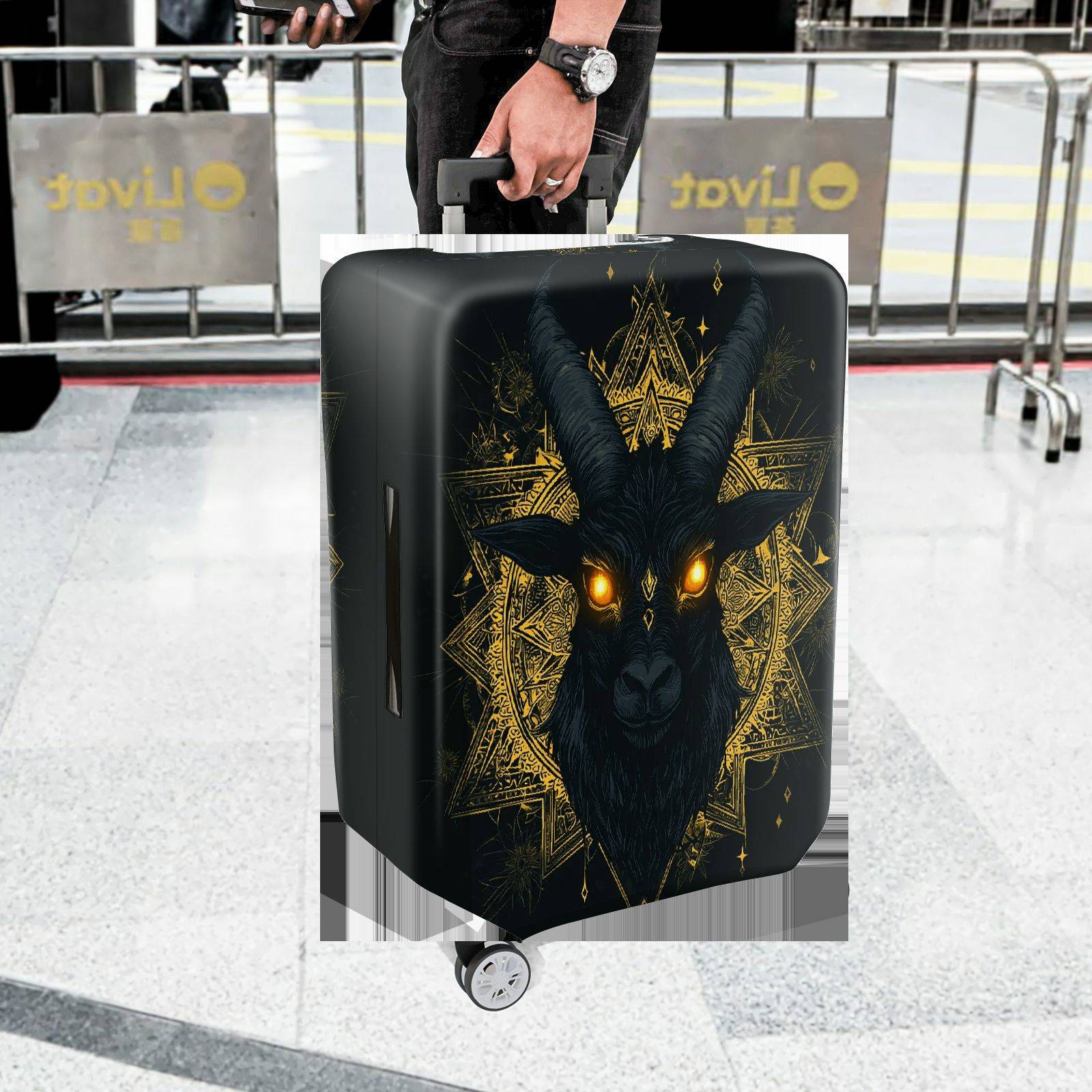 1-Piece Black Goat Gold Geometric Mystical Illuminated  Suitcase Luggage Cover, Stretch Protective Sleeve