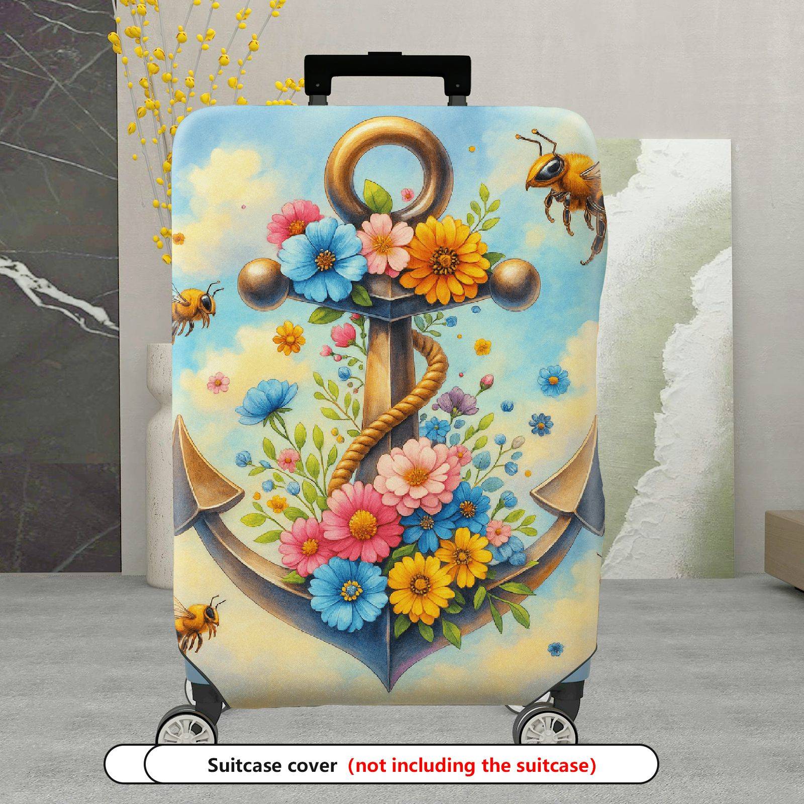 1-Piece Anchor Floral Ocean Bee Clouds Colorful  Suitcase Luggage Cover, Stretch Protective Sleeve