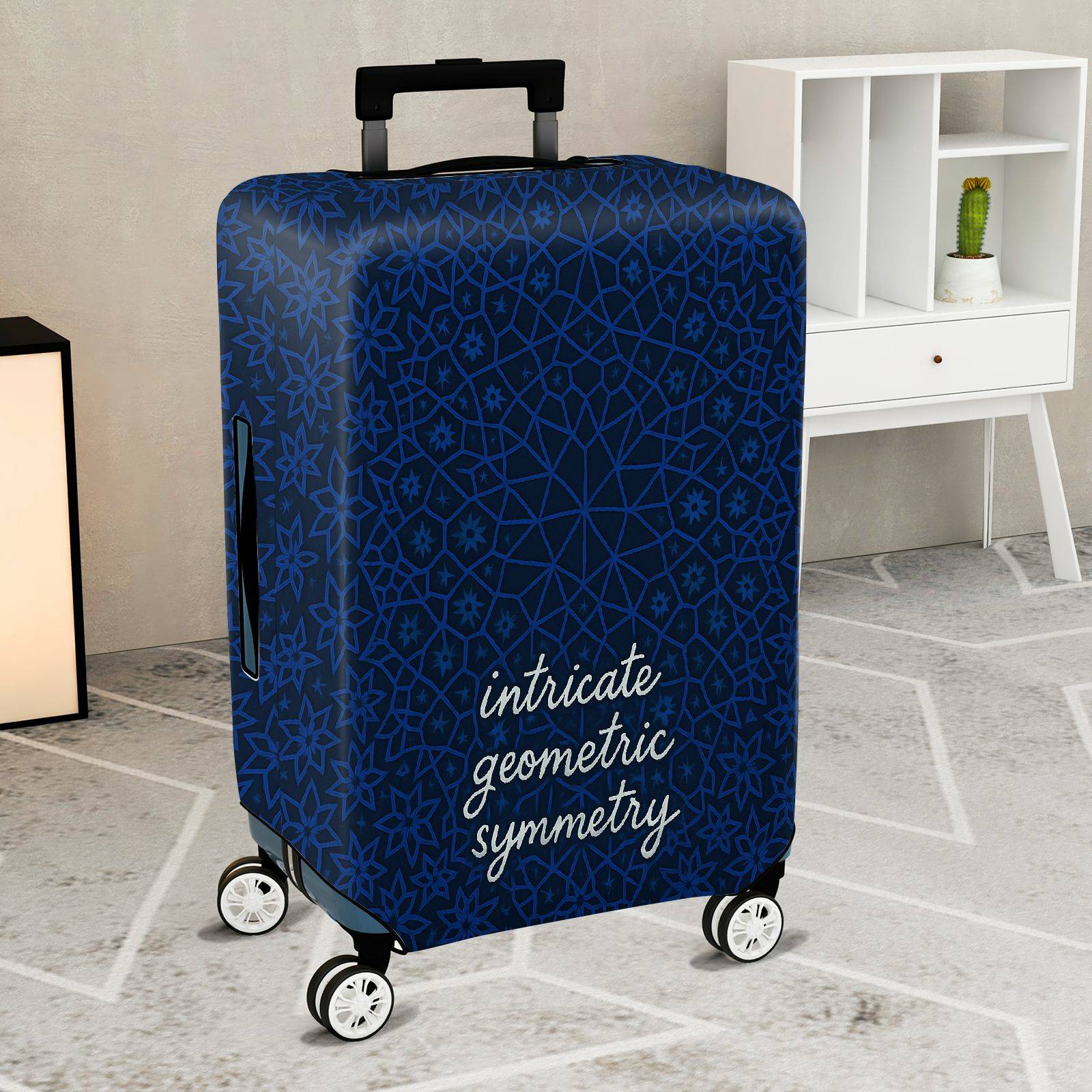 1-Piece Blue Intricate Geometric Symmetry Floral Star Pattern  Suitcase Luggage Cover, Stretch Protective Sleeve