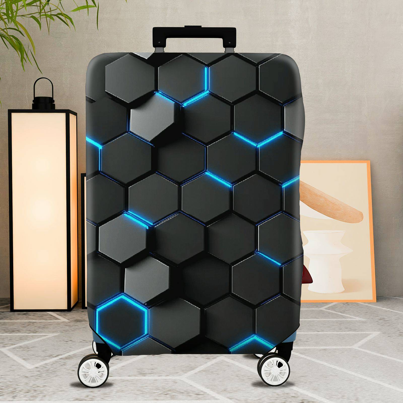 1-Piece Hexagon Blue  Geometric Futuristic Tech  Suitcase Luggage Cover, Stretch Protective Sleeve
