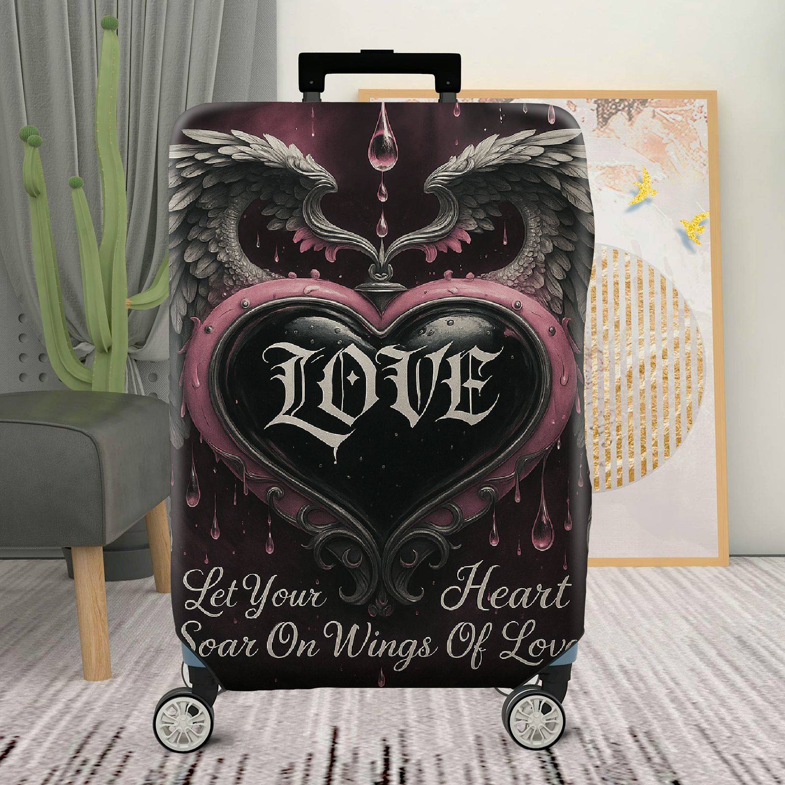 1-Piece Love Heart Wings Gothic Romantic Artistic  Suitcase Luggage Cover, Stretch Protective Sleeve