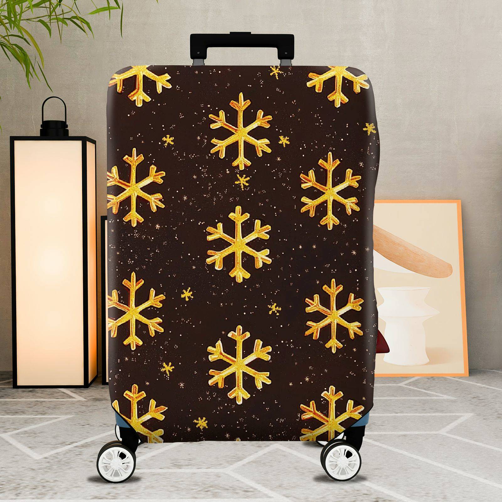 1-Piece Gold Snowflake Pattern Dark Brown Glitter Festive Holiday  Suitcase Luggage Cover, Stretch Protective Sleeve