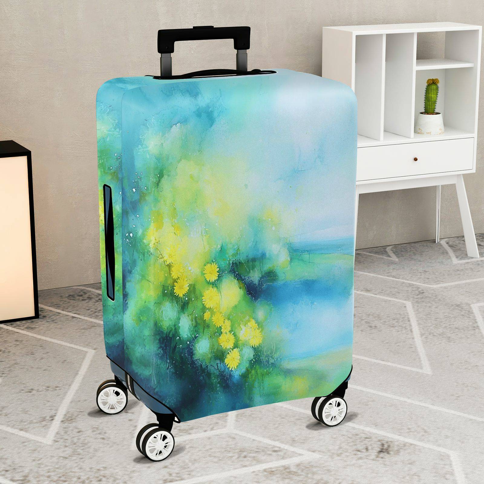 1-Piece Abstract Floral Watercolor Nature Bloom Green Yellow  Suitcase Luggage Cover, Stretch Protective Sleeve