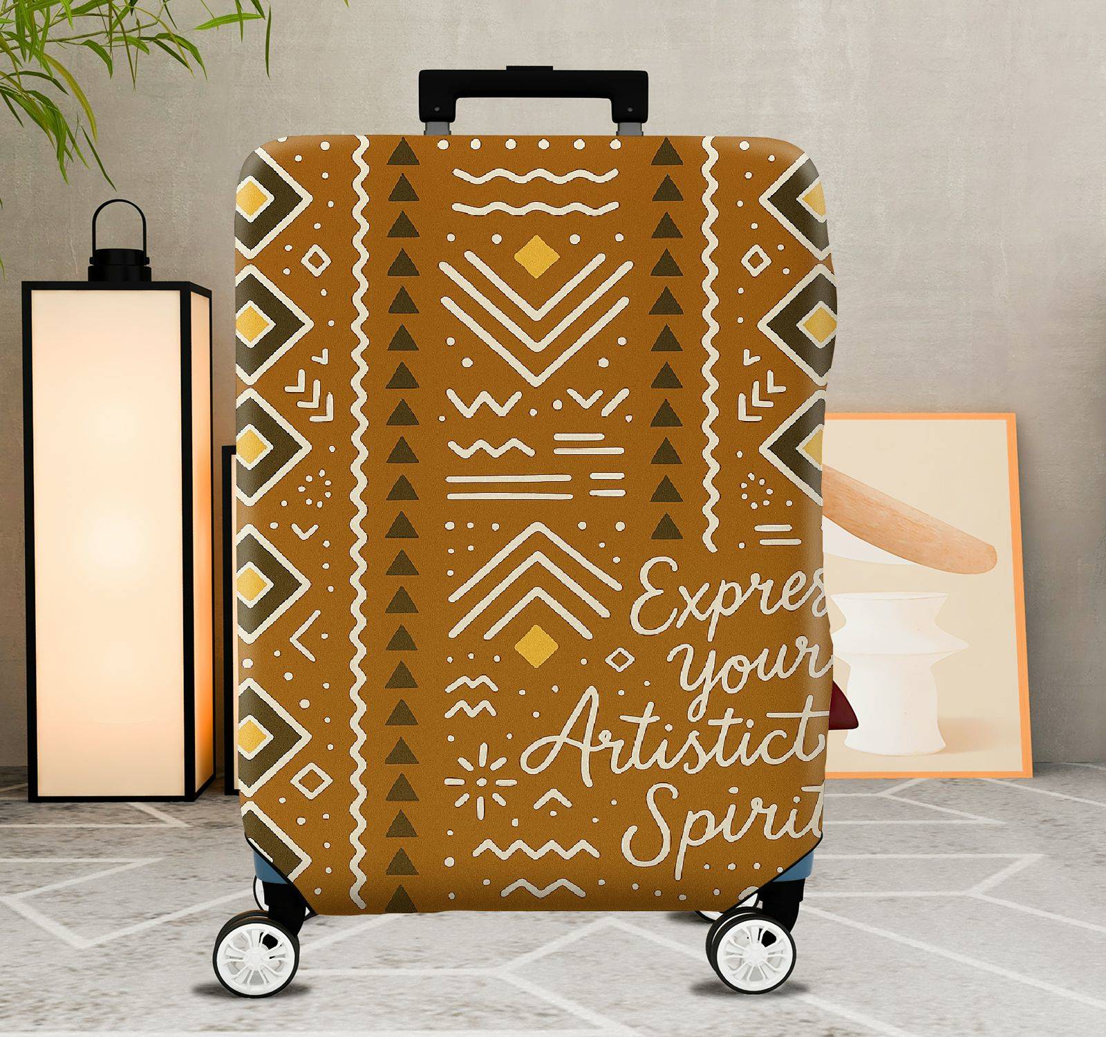 1-Piece Artistic Abstract Geometric Pattern Brown  Suitcase Luggage Cover, Stretch Protective Sleeve