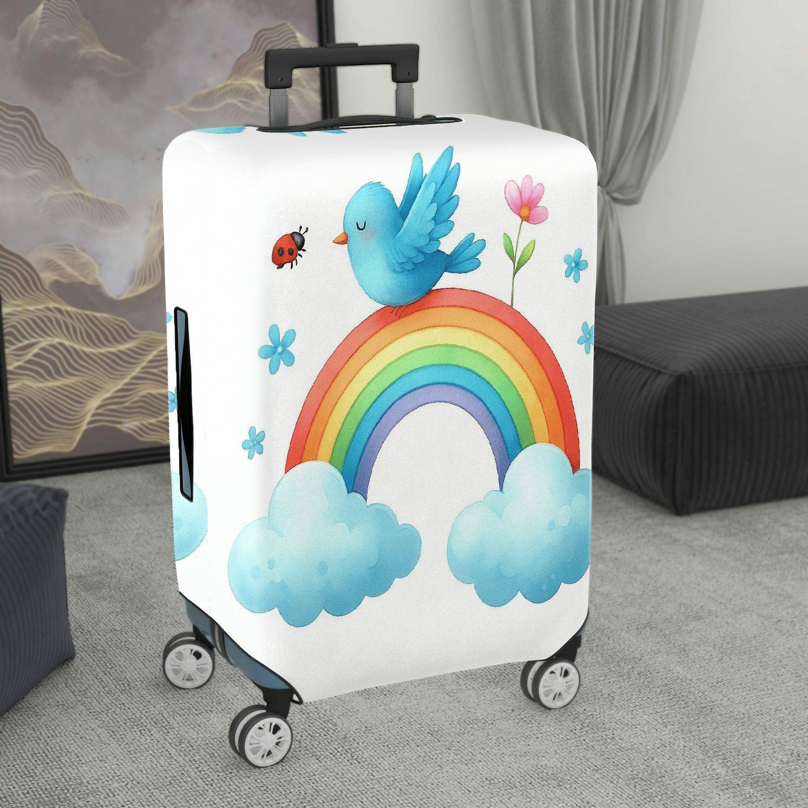 1-Piece Cute Rainbow Bird Clouds Flowers Ladybug  Suitcase Luggage Cover, Stretch Protective Sleeve