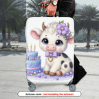 1-Piece Adorable  Cow Birthday Cake Purple Flower Decorative  Suitcase Luggage Cover, Stretch Protective Sleeve