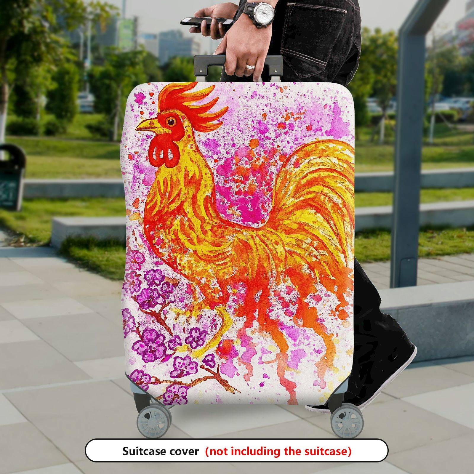 1-Piece Abstract Rooster Floral Art Colorful Travelling Painting  Suitcase Luggage Cover, Stretch Protective Sleeve