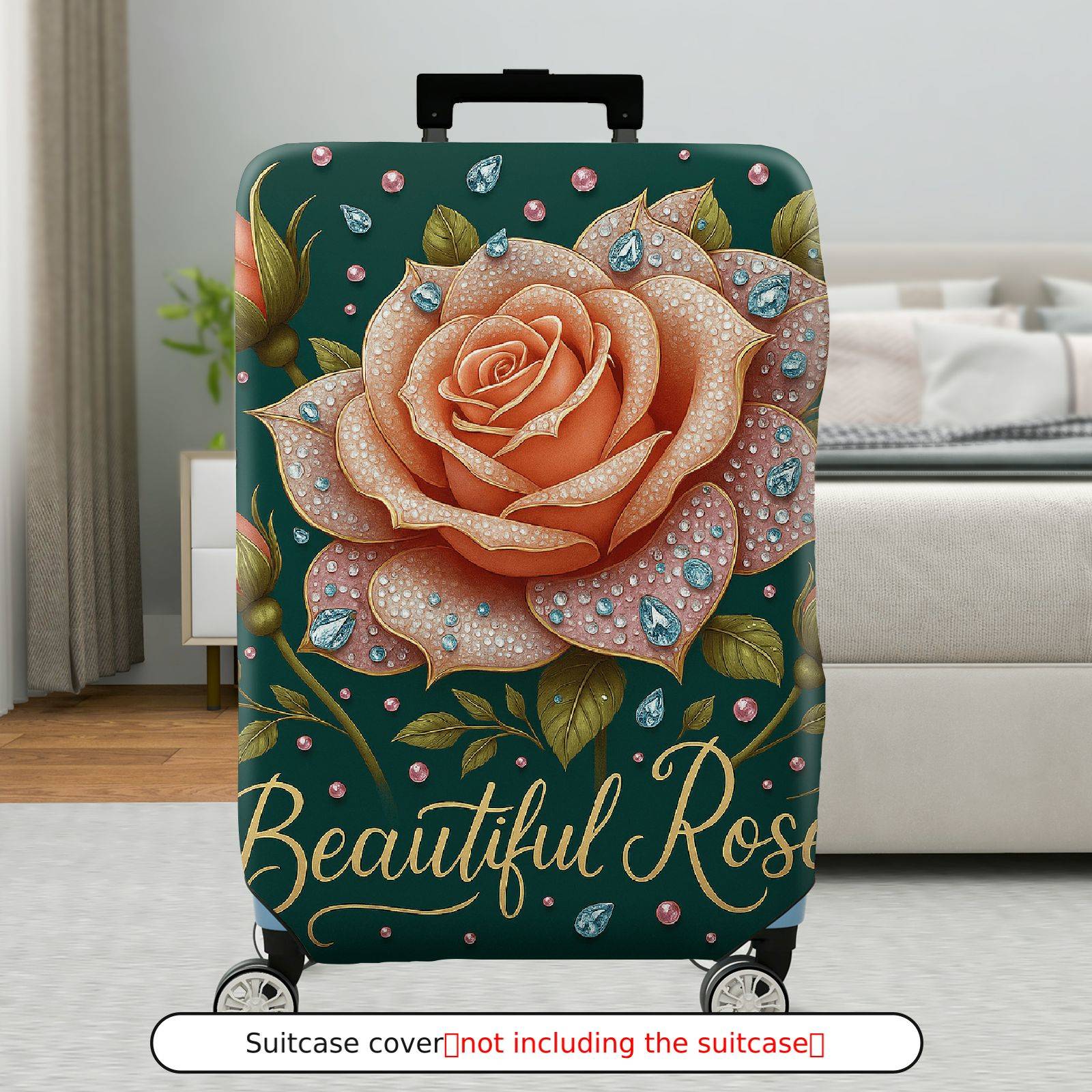 1-Piece Floral Rose Crystal Diamond Elegant Artistic  Suitcase Luggage Cover, Stretch Protective Sleeve