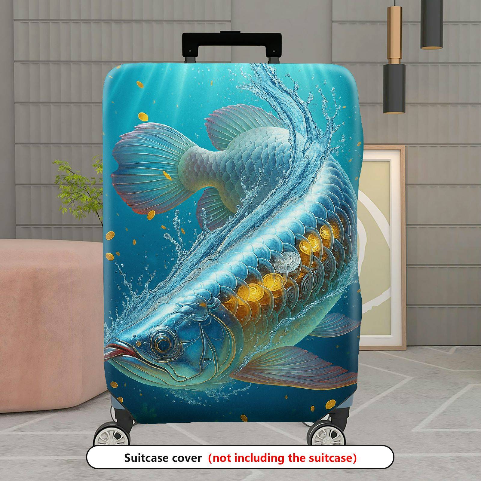 1-Piece Blue Fish Water Gold Ocean Artistic  Suitcase Luggage Cover, Stretch Protective Sleeve