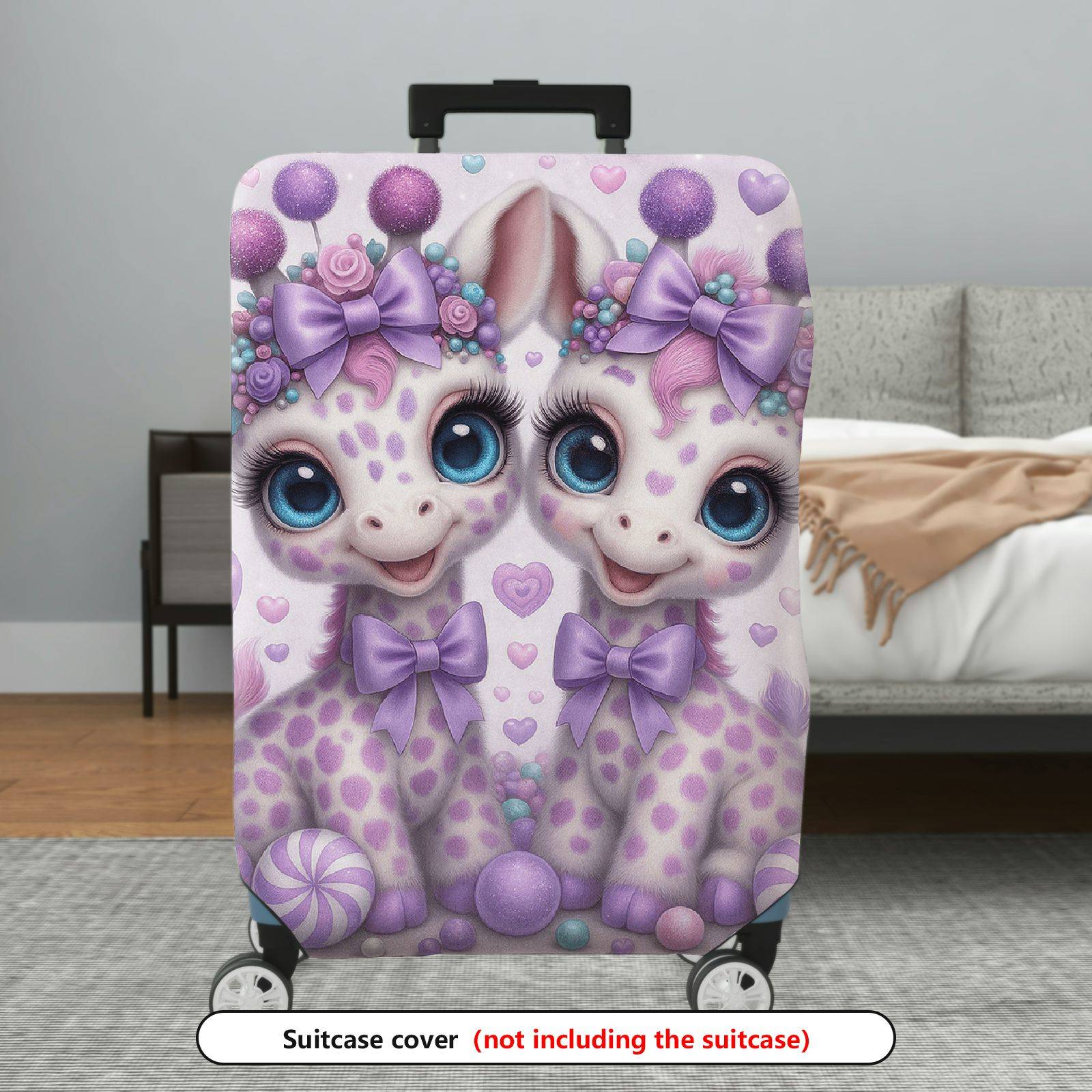 1-Piece Cute Giraffe Purple Bow Heart Candy Fantasy Animal  Suitcase Luggage Cover, Stretch Protective Sleeve