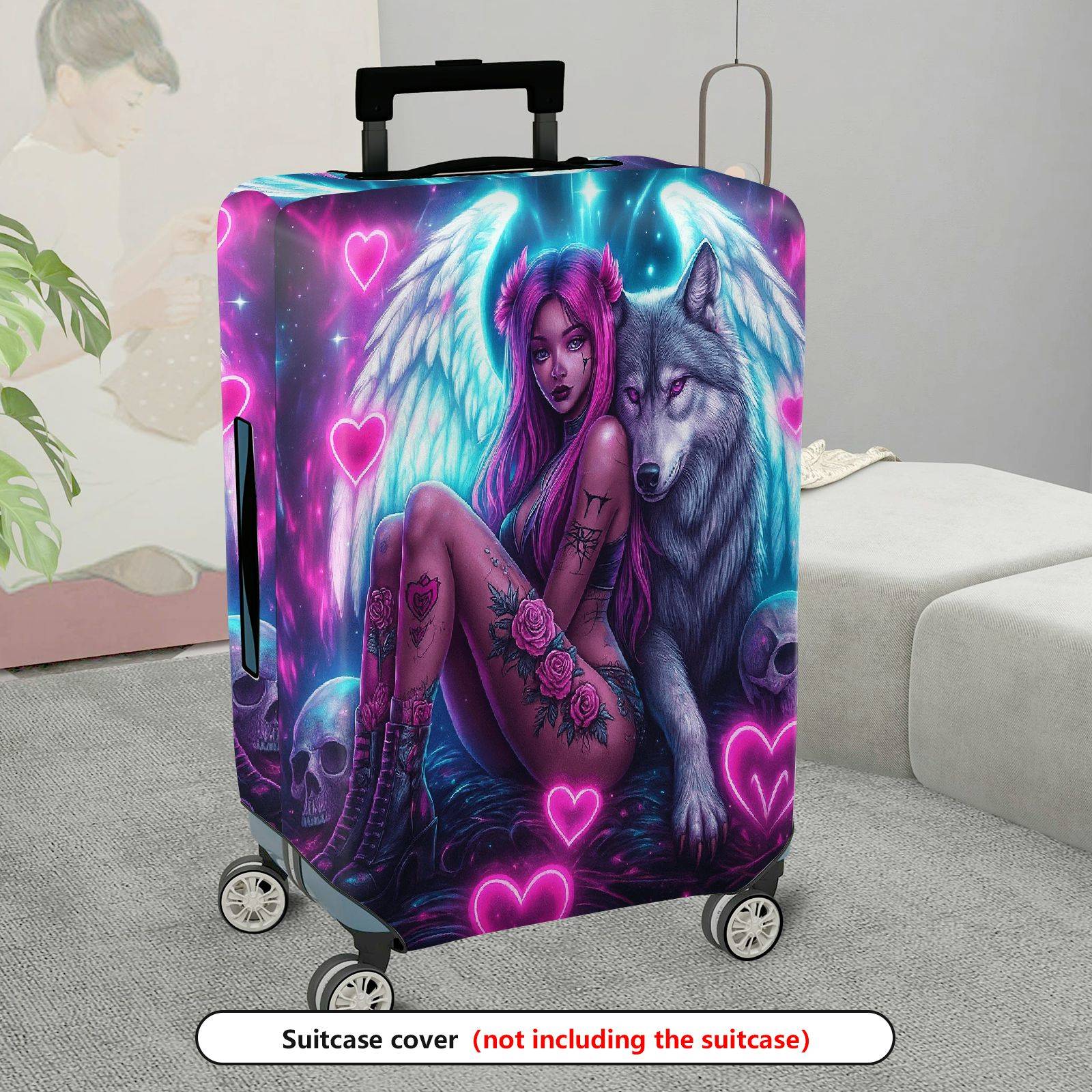 1-Piece Angel Fantasy Wolf Skull Rose Heart  Suitcase Luggage Cover, Stretch Protective Sleeve