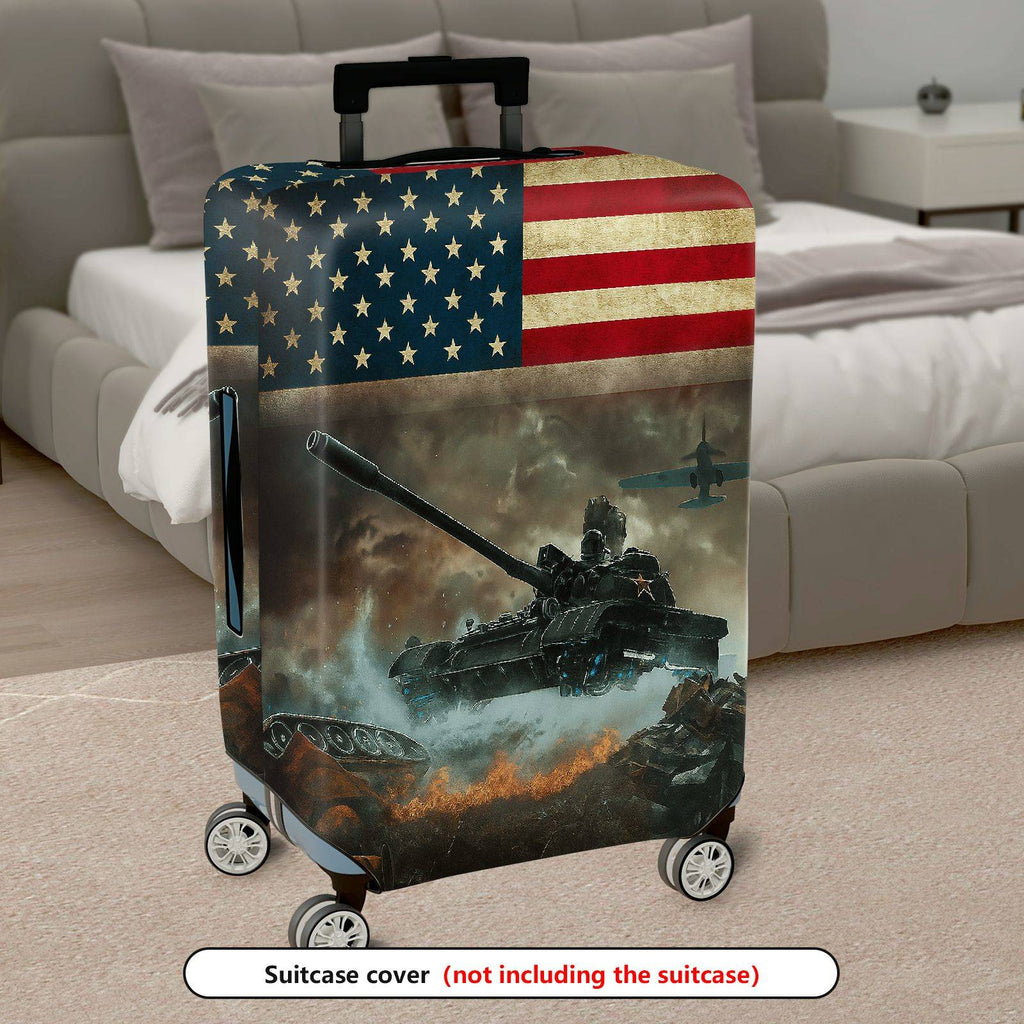 1-Piece American Flag Tank War Airplane Battlefield Fire  Suitcase Luggage Cover, Stretch Protective Sleeve