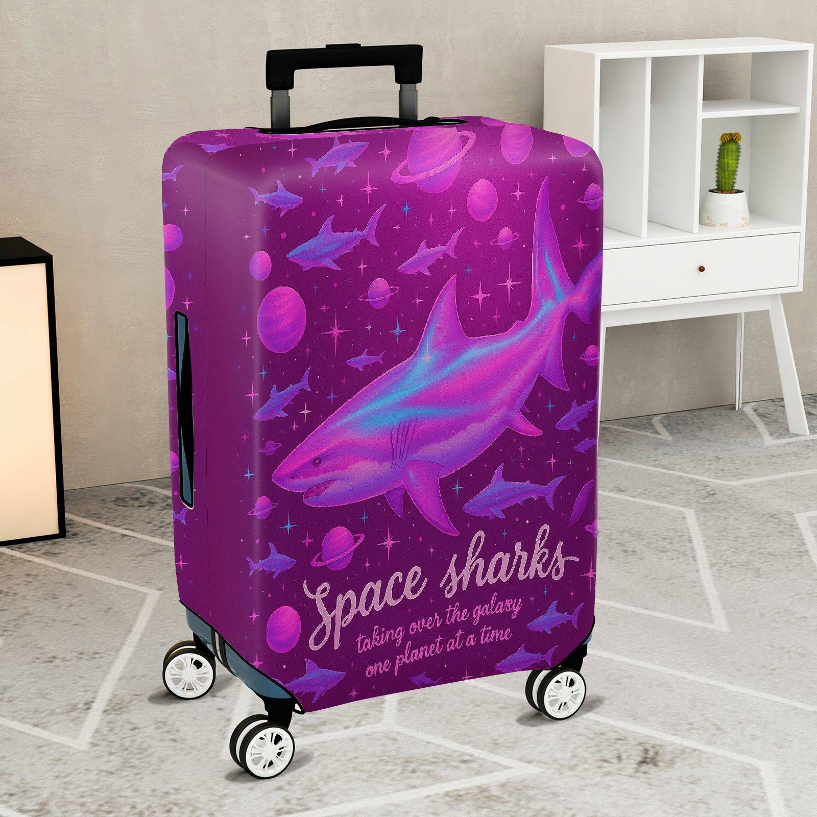 1-Piece Space Shark Galaxy Planet Purple Cosmic  Suitcase Luggage Cover, Stretch Protective Sleeve