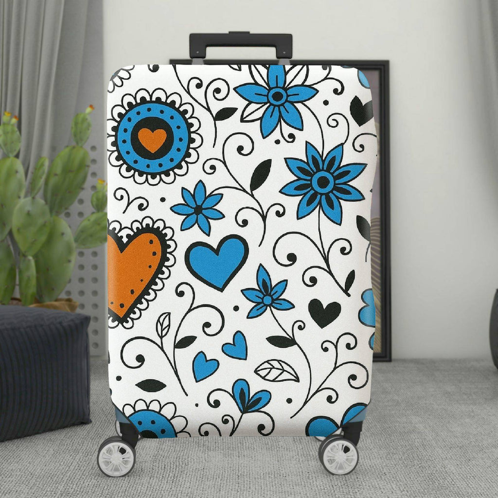 1-Piece Floral Heart Blue White Black Orange  Suitcase Luggage Cover, Stretch Protective Sleeve